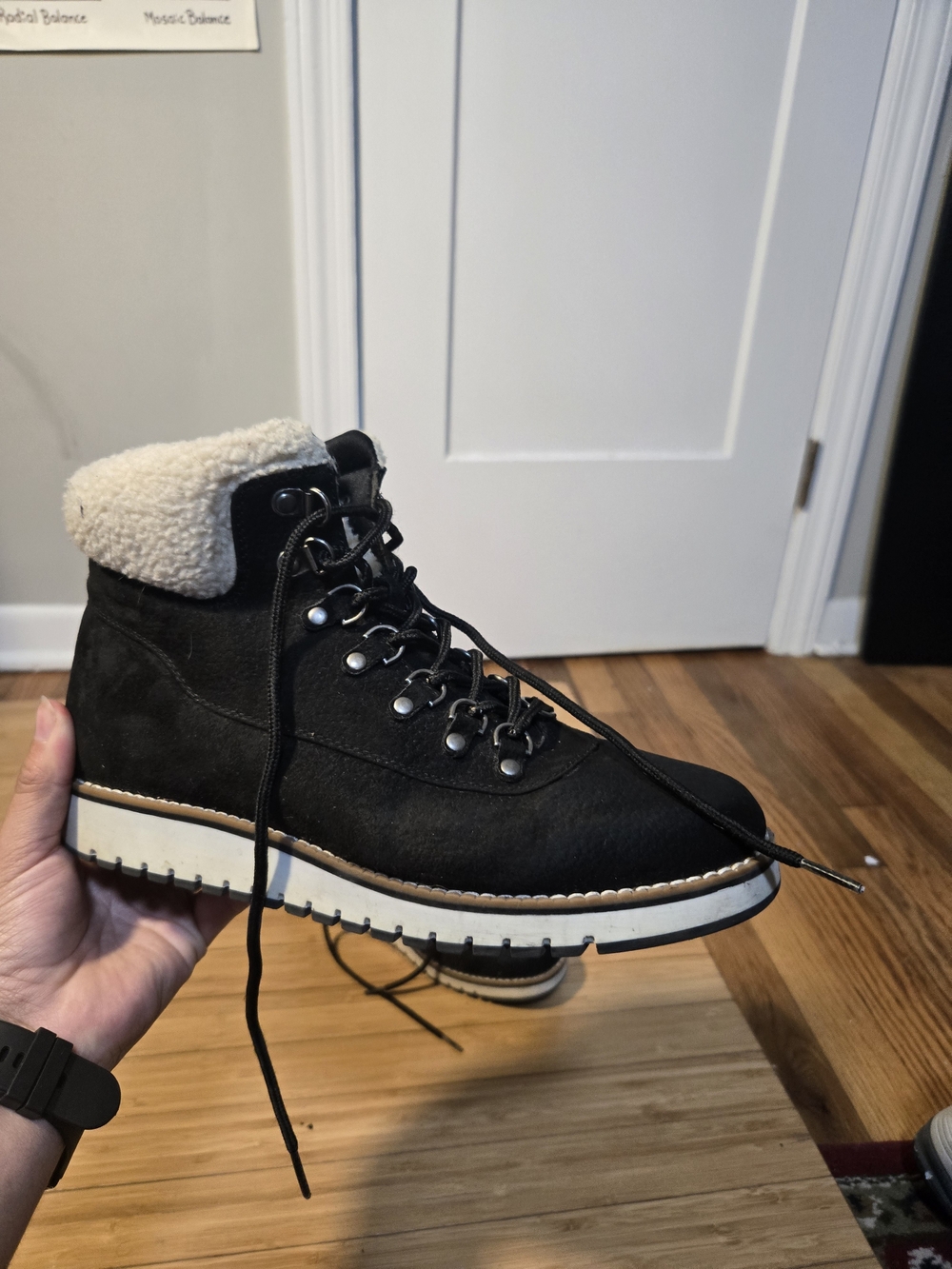 Men's Black Shearling-Trim Suede Hiker Boots